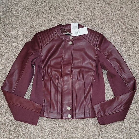 New Guess Fiammetta Faux Leather Moto Jacket Mystic Wine Size XS - Picture 12 of 16